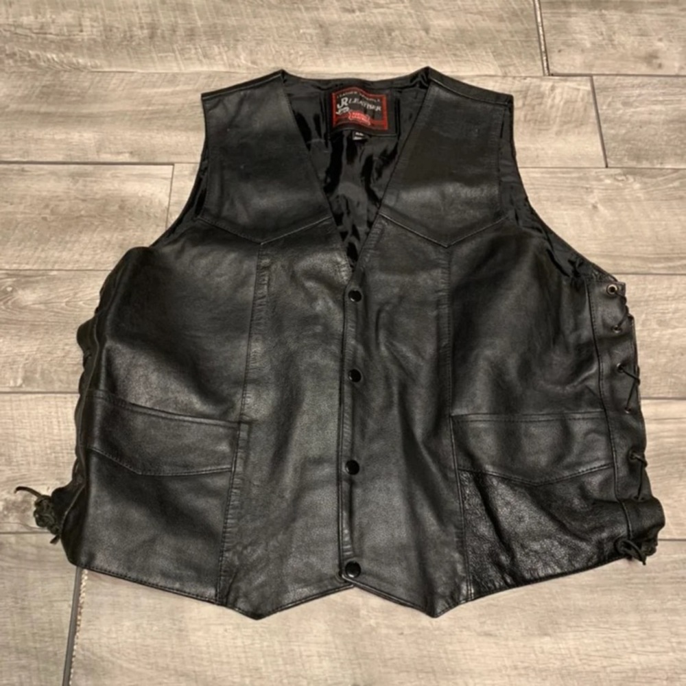 Black JR Leather Motorcycle Biker Riding Vintage Mens Vest Jacket Size 46 XLarge